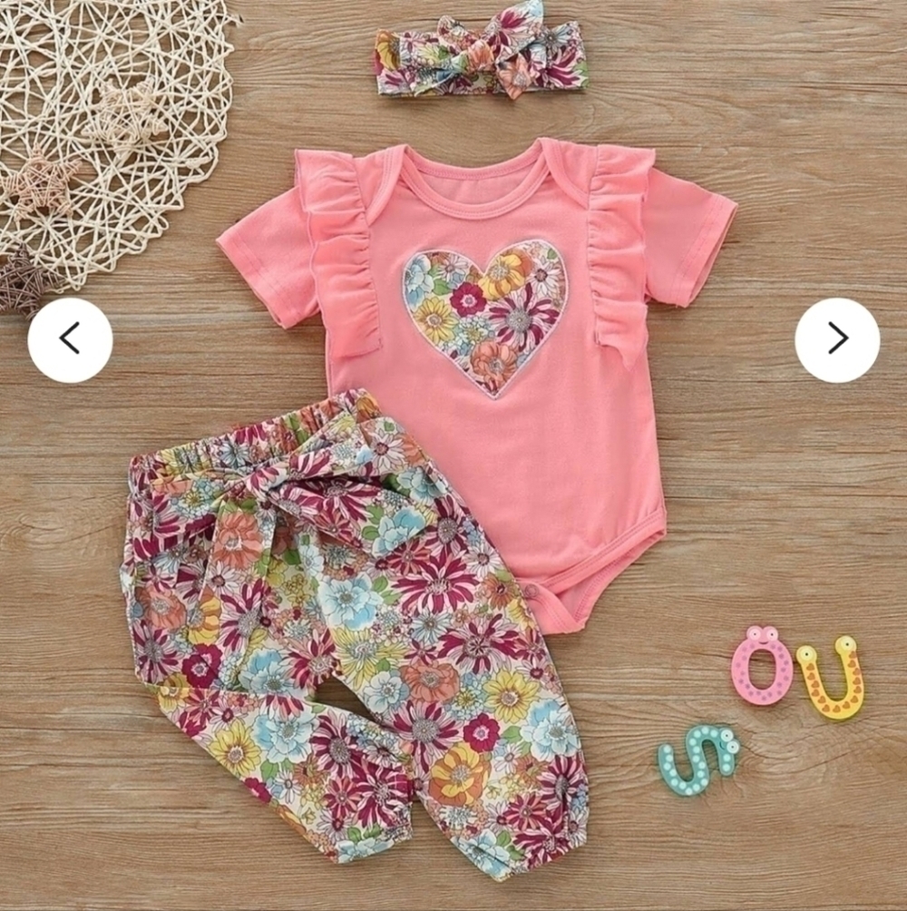 Unbranded 3 Peice Set Girls Dusty Coral Top With Foral Tie Bottoms Size 3-6 M